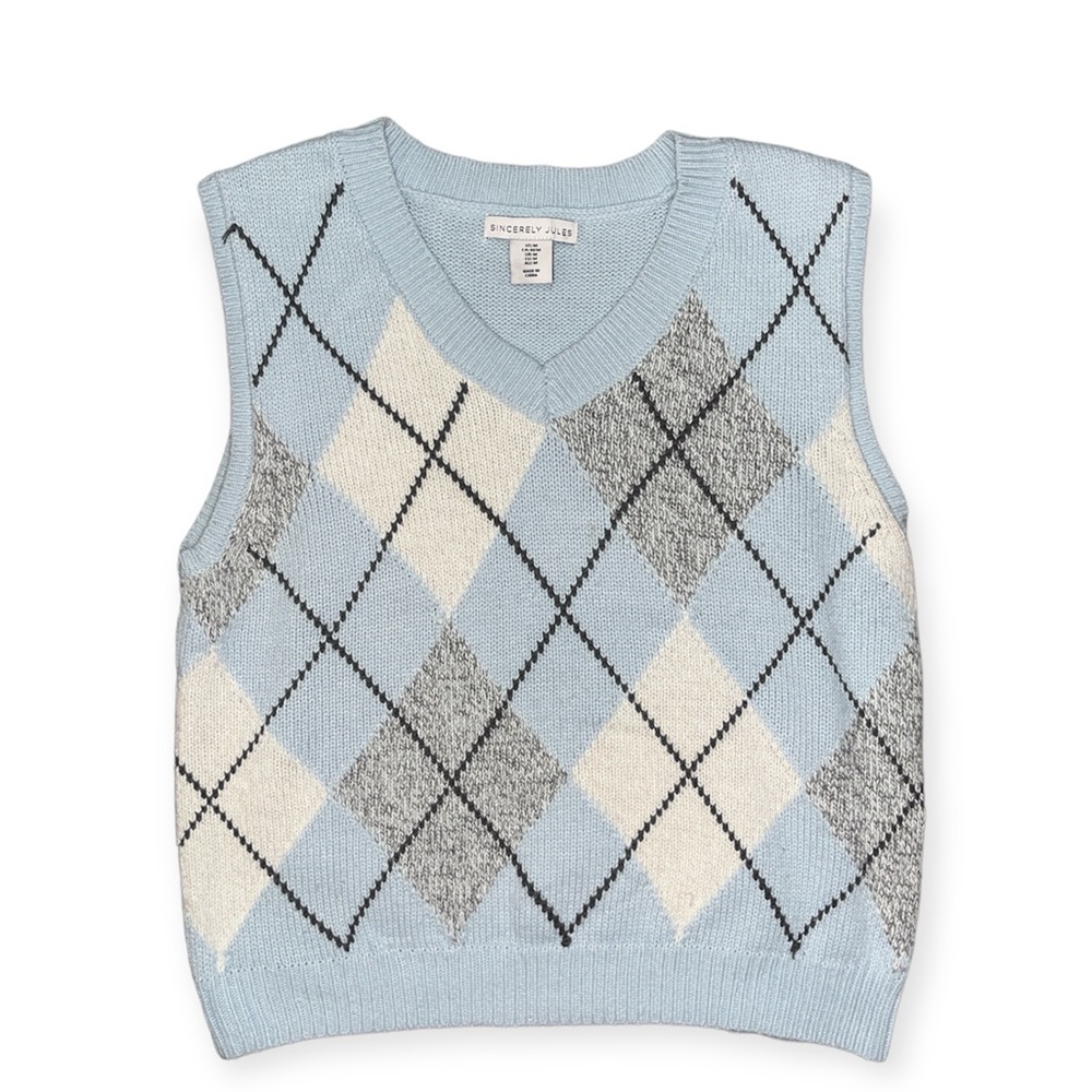 Sincerely Jules Sweater Vest Baby Blue White and Grey